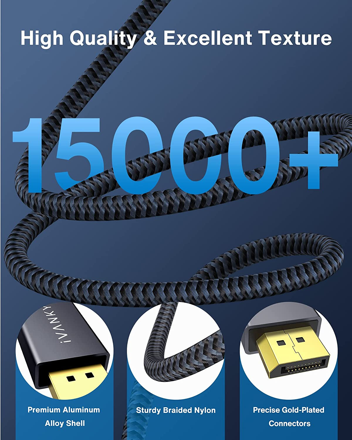 Display Port Cable 10Ft, Display Port Cord, [4K@60Hz, 2K@165Hz, 2K@144Hz], Gold-Plated Braided High Speed DP to DP Cable 10Ft, Displayport 1.2 Cord for Gaming Monitor, TV, PC, Laptop